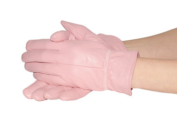 Image showing Elegant women's pink gloves on white