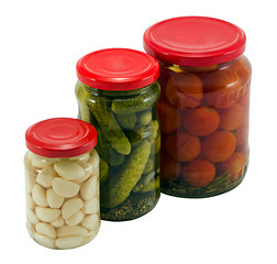 Image showing garlic cucumber tomatoes canned glass jar pot 