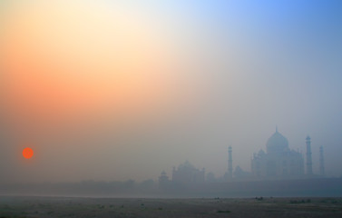 Image showing Taj Mahal at sunrise in fog