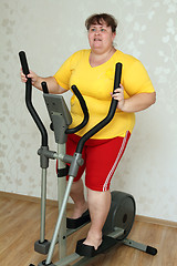 Image showing overweight woman exercising on trainer