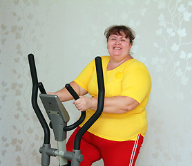 Image showing overweight woman exercising on trainer