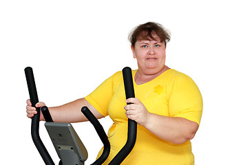 Image showing overweight woman exercising on trainer