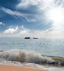 Image showing landscape with fisherman boats in sea