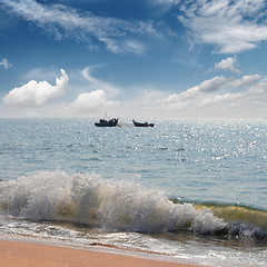 Image showing landscape with fisherman boats in sea