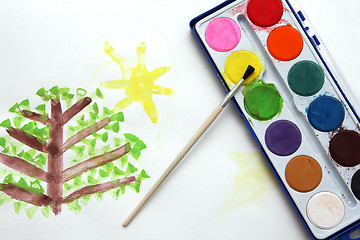 Image showing Children drawing and watercolor paints