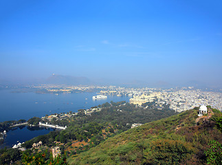 Image showing landscape with lake and palaces in Udaipur