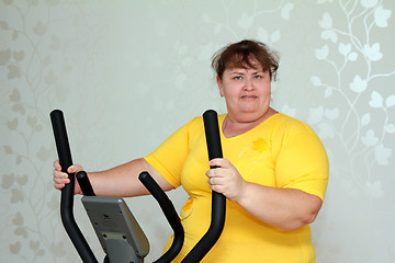 Image showing overweight woman exercising on trainer