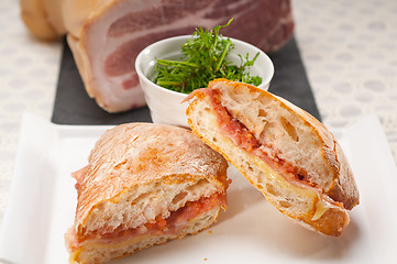 Image showing ciabatta panini sandwich with parma ham and tomato