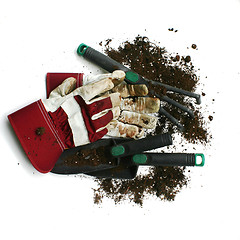 Image showing Used gardening / work gloves and tools