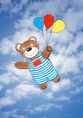 Image showing Happy teddy bear, child's drawing, watercolor painting over sky