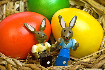 Image showing easter basket with painted eggs and bunnies