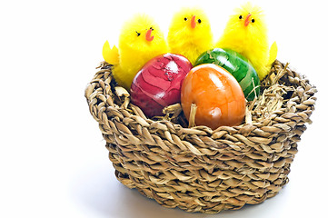 Image showing easter basket with painted eggs and biddies