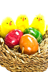 Image showing easter basket with painted eggs and biddies