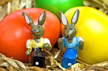 Image showing easter basket with painted eggs and bunnies