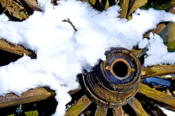 Image showing old cart wheel in snow