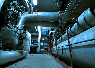 Image showing Industrial zone, Steel pipelines and cables in blue tones