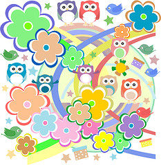 Image showing Background with owl, flowers and birds