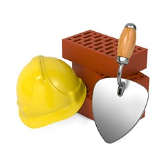 Image showing Hard Helmet, Trowel and Bricks.