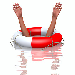 Image showing Rescue buoy and drowning hands