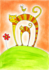 Image showing Cat and kitten, child's drawing, watercolor painting