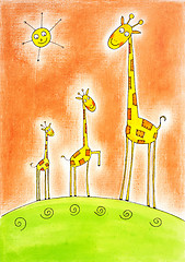 Image showing Three happy giraffes, child's drawing, watercolor painting 