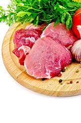 Image showing Meat slices on a round plate with vegetables and herbs