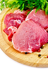 Image showing Meat slices on a round plate with greens