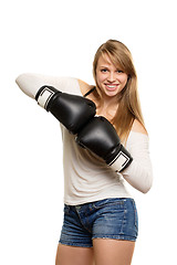 Image showing Pretty woman with boxing gloves