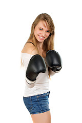 Image showing Young blonde with boxing gloves