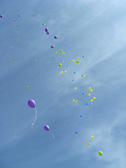 Image showing Color balloons flying away to the sky