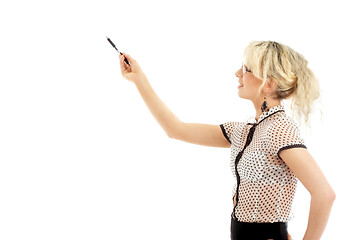 Image showing energetic businesswoman with pen