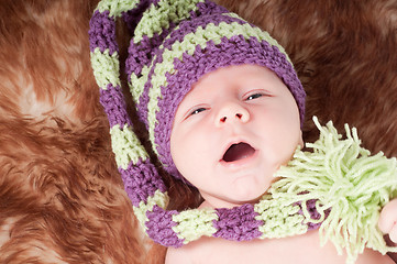 Image showing Newborn baby in long knited hat