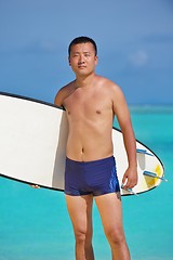 Image showing Man with surf board on beach