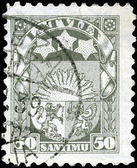 Image showing LATVIA - CIRCA 1923: A stamp printed in Latvia shows Latvian Coa