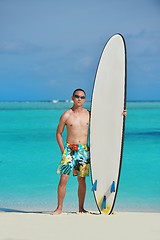 Image showing Man with surf board on beach