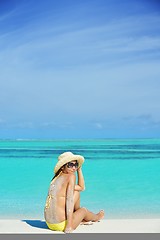 Image showing beautiful  woman resting on tropical  beach