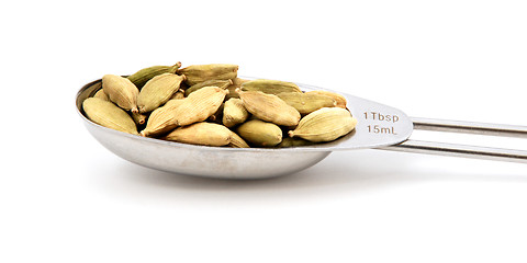 Image showing Cardamom pods measured in a metal tablespoon