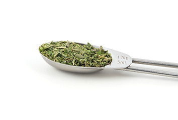 Image showing Mixed herbs measured in a metal teaspoon