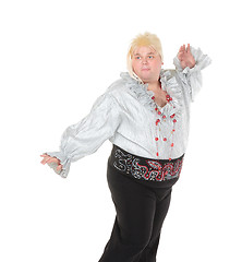 Image showing Crazy funny fat man posing wearing a blonde wig