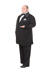 Image showing Elegant fat man in a bow tie pointing