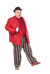 Image showing Obese man in a red costume and bowler hat