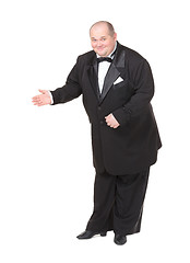 Image showing Elegant fat man in a bow tie pointing