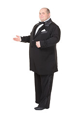 Image showing Elegant fat man in a bow tie pointing