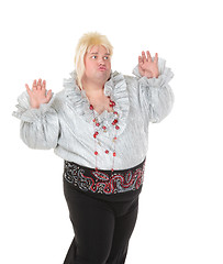 Image showing Crazy funny fat man posing wearing a blonde wig