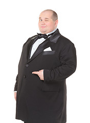 Image showing Elegant fat man in a bow tie pointing