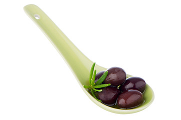 Image showing Olives on ceramic spoon