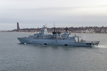 Image showing German navy ship passing Laboe in Holstein.