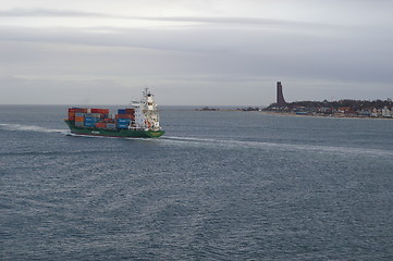 Image showing Container ship passing Laboe in Germany