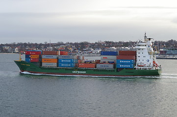 Image showing Container ship passing Laboe in Holstein in Germany.
