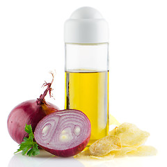 Image showing Red onions and olive oil